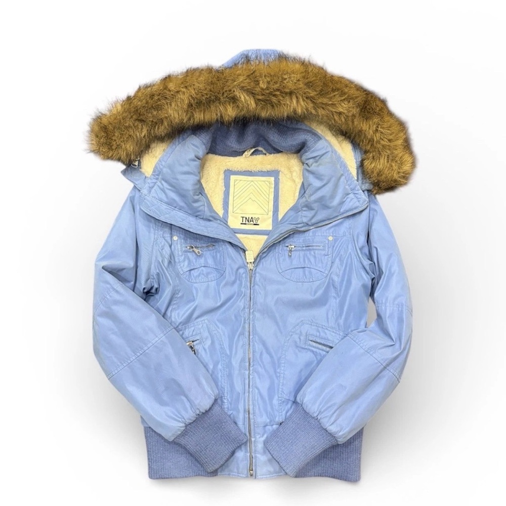 Aritzia TNA Women's Blue Winter Jacket Fur Trim Hood Coat Parka SZ Medium EUC